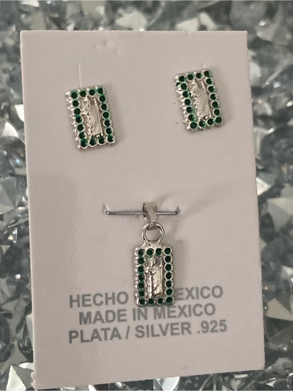 Sterling Silver 925 Green Saint Jude Rectangular Pendant & Stud Earrings Set